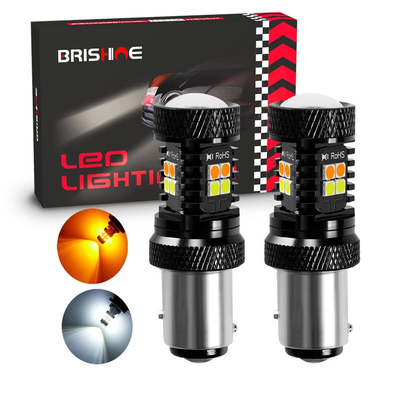 BRISHINE 1157 Switchback LED Bulbs Extremely Bright 3030 Chipsets Xenon White/Amber Yellow 2057 2357 7528 BAY15D LED Light Bulbs with Projector for Turn Signal Lights(Pack of 2) - Image 1
